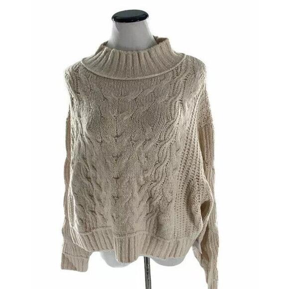 Free People Womens Merry Go Round Sweater Beige Ivory Cable Knit Mock Neck L New - Picture 1 of 5
